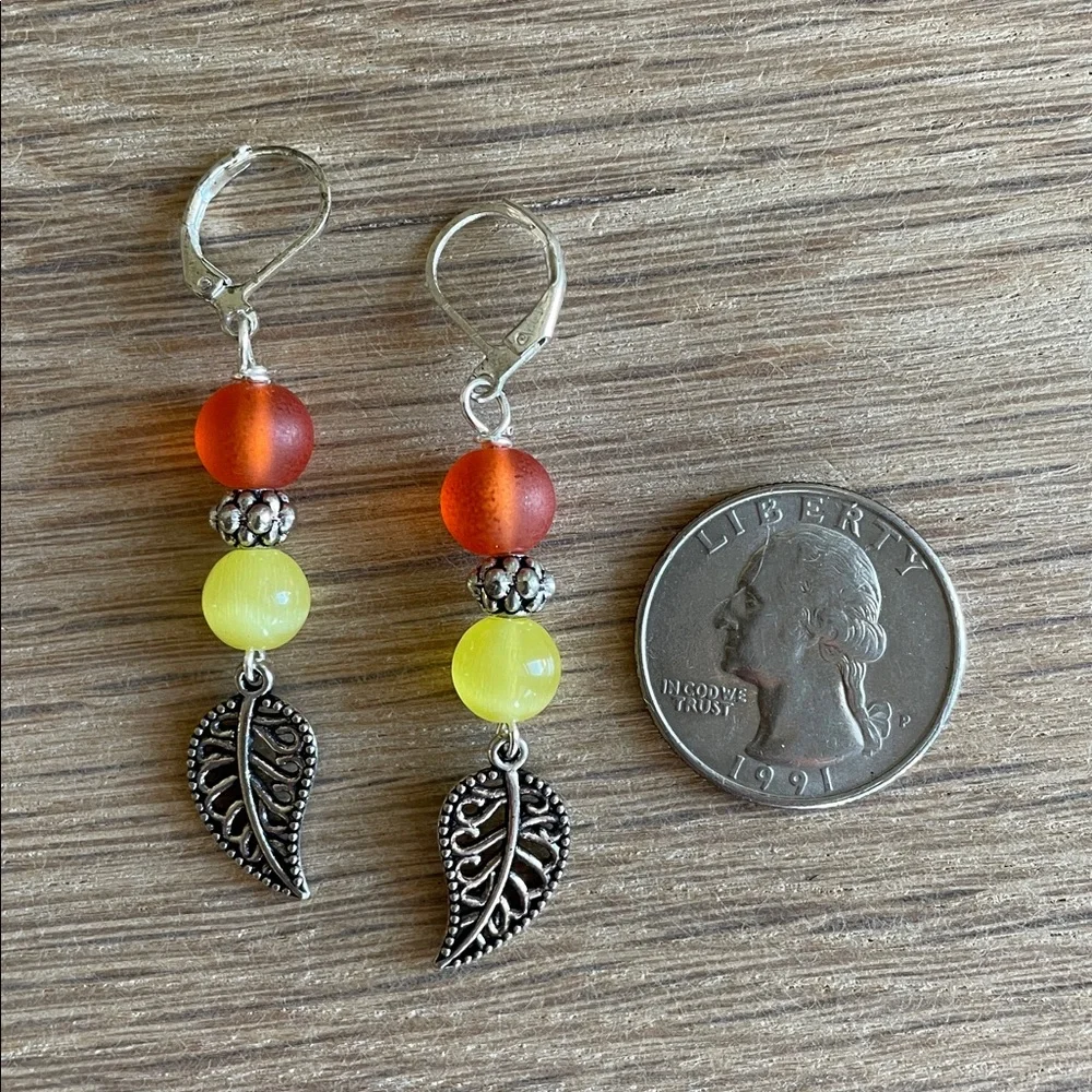 HAND CRAFTED BEAD & LEAF DANGLE EARRINGS Orange Yellow Fall Fashion Jewelry